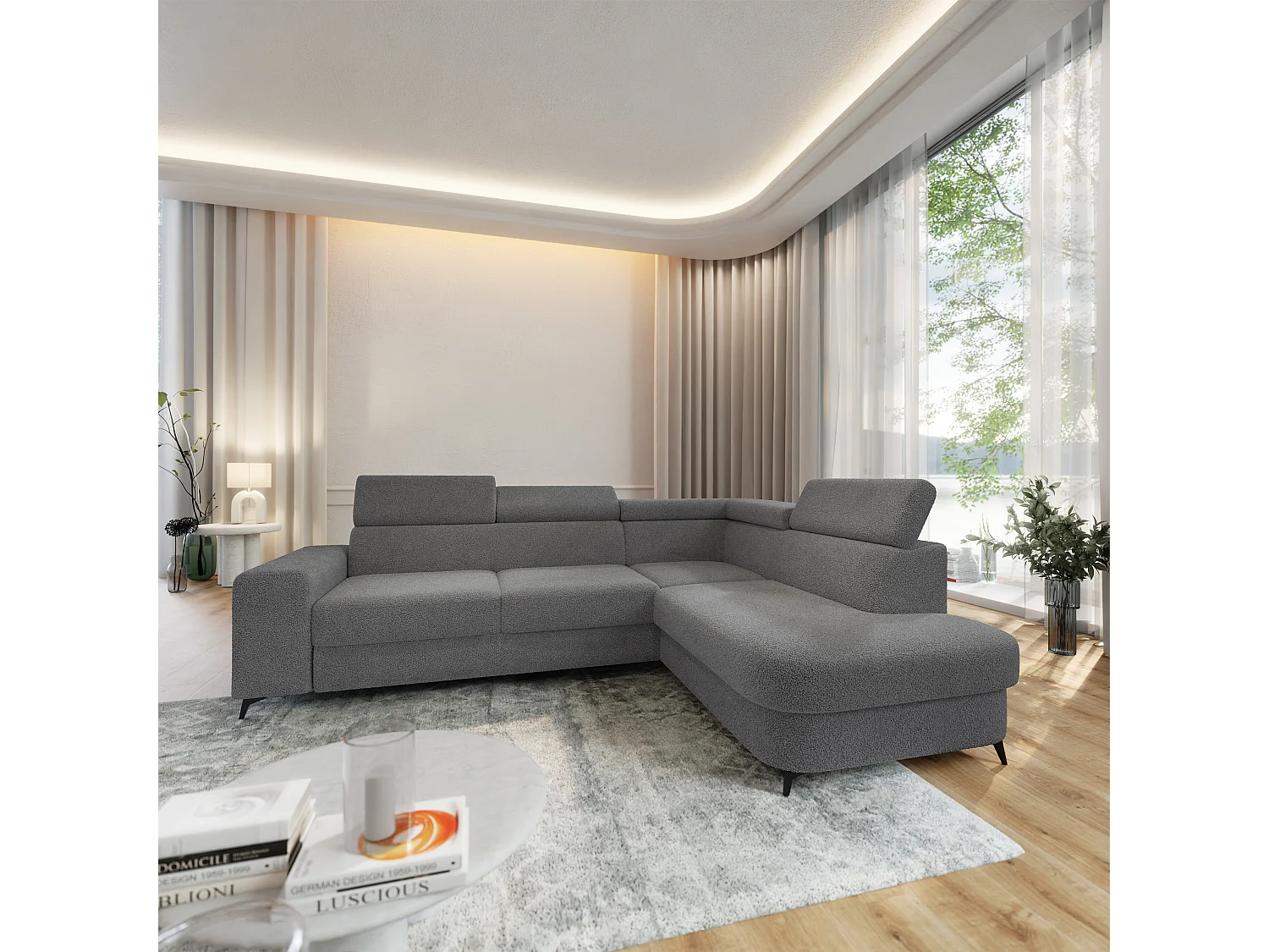 Hoekbank ALVORO van fluweel met slaapfunctie Grau