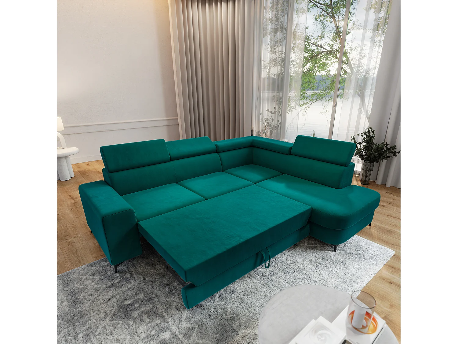 Hoekbank ALVORO van fluweel met slaapfunctie Blau