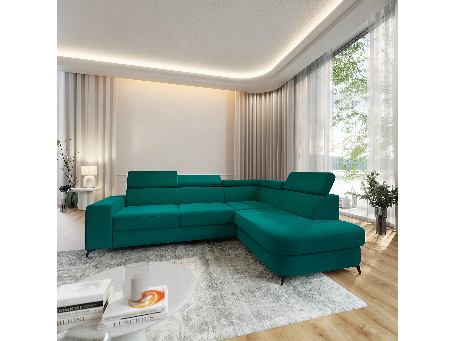 Hoekbank ALVORO van fluweel met slaapfunctie Blau