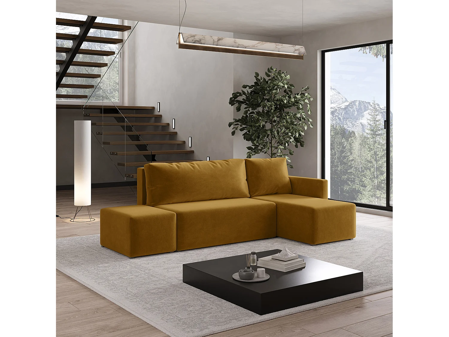 Hoekbank VELOTTI van fluweel met slaapfunctie Gelb