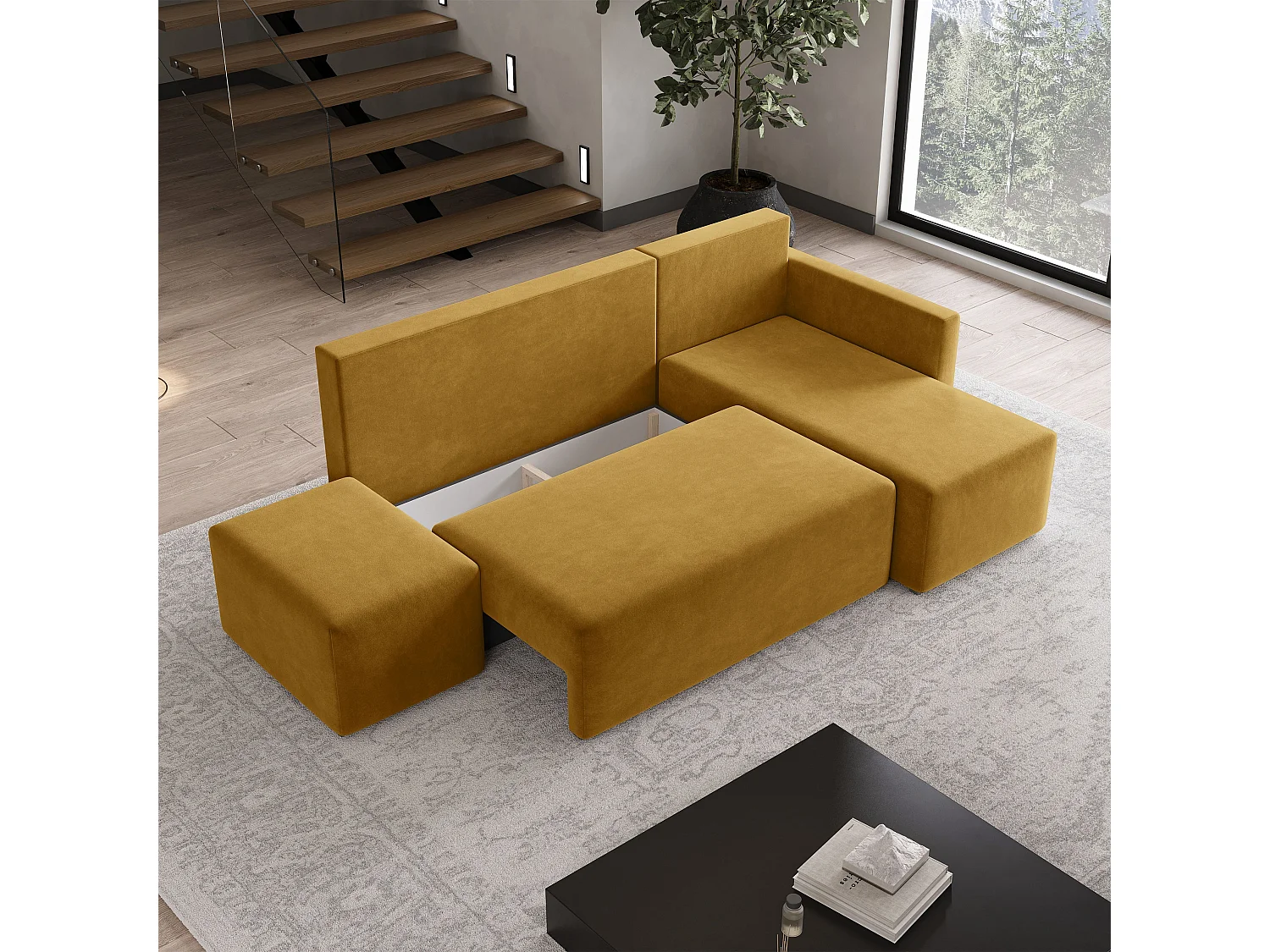 Hoekbank VELOTTI van fluweel met slaapfunctie Gelb