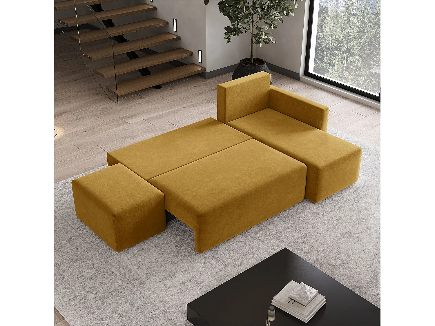 Hoekbank VELOTTI van fluweel met slaapfunctie Gelb