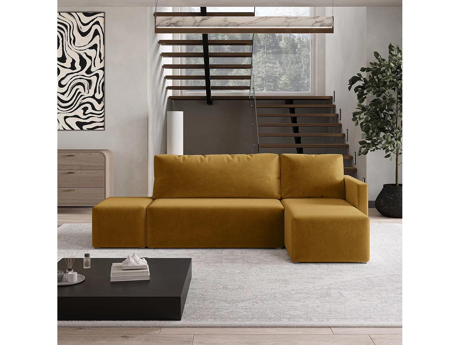 Hoekbank VELOTTI van fluweel met slaapfunctie Gelb