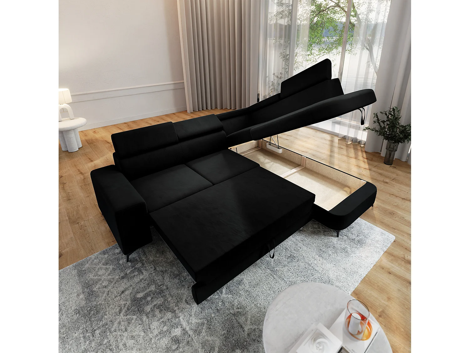 Hoekbank ALVORO van fluweel met slaapfunctie Schwarz
