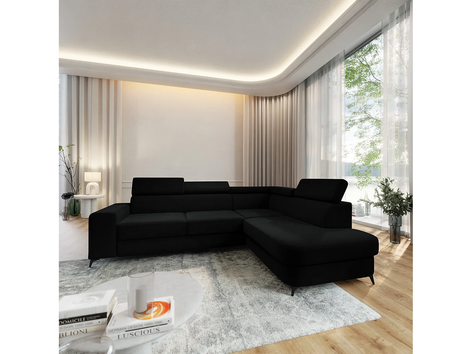 Hoekbank ALVORO van fluweel met slaapfunctie Schwarz