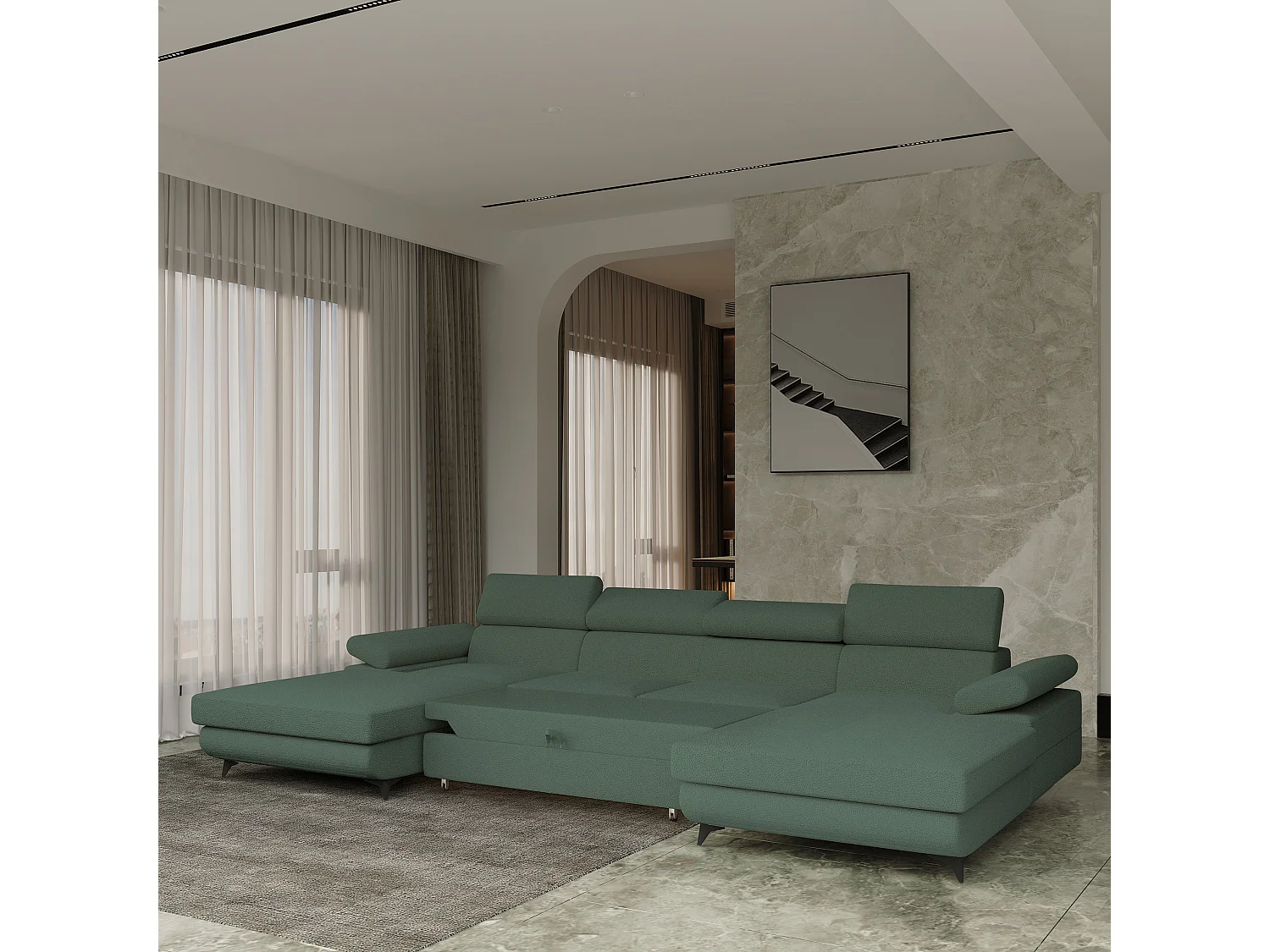 Canapé d'angle DETTI Vert en bouclé avec fonction de couchage