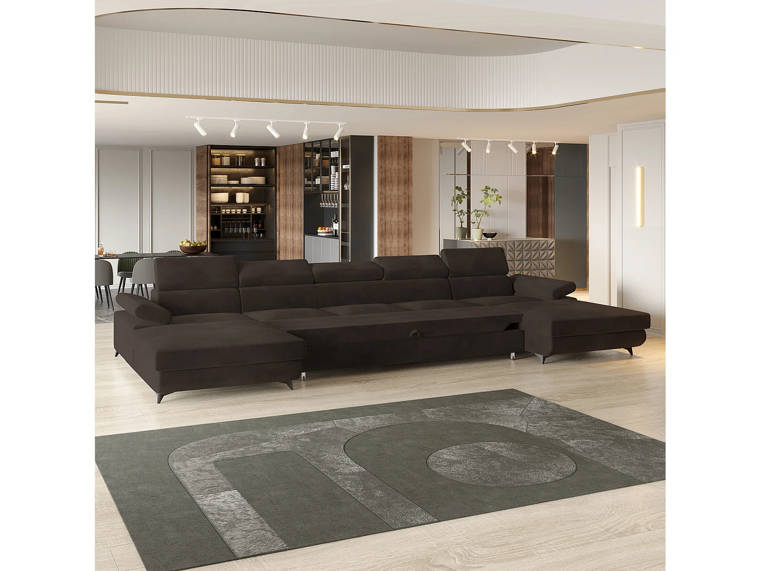 Hoekbank VIVENTE van fluweel met slaapfunctie Braun