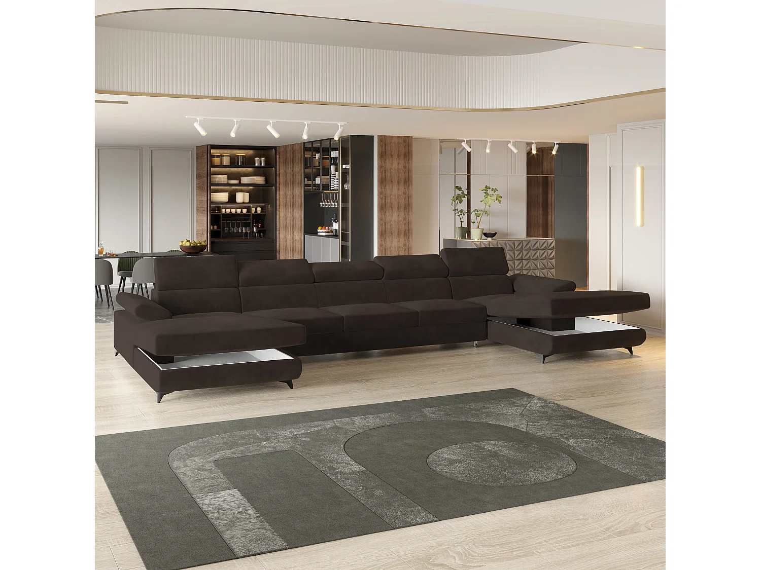 Canapé d'angle VIVENTE Marron en velours avec fonction de couchage