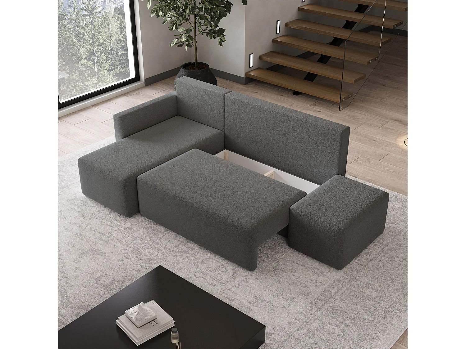Hoekbank VELOTTI van fluweel met slaapfunctie Grau