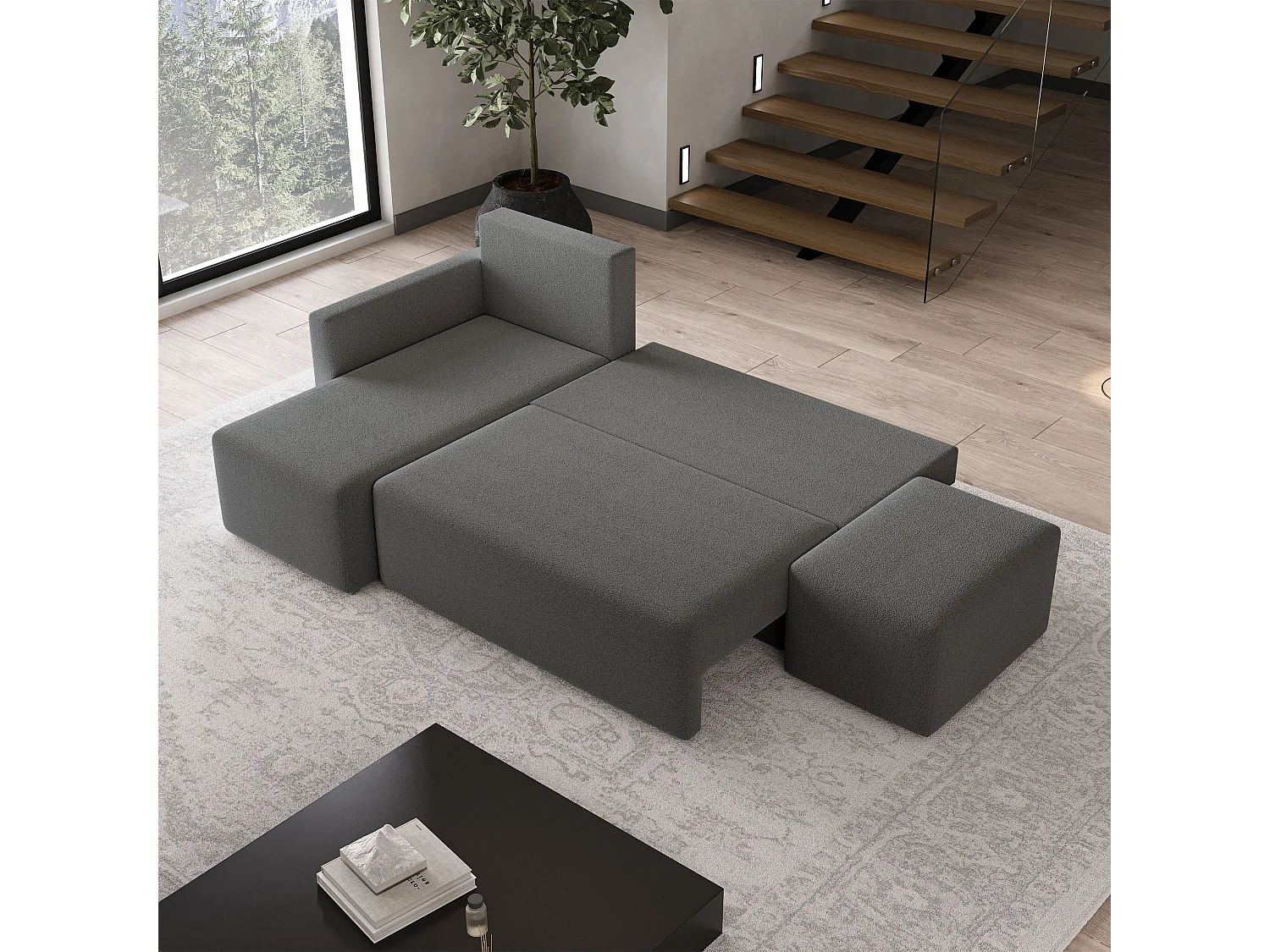 Hoekbank VELOTTI van fluweel met slaapfunctie Grau