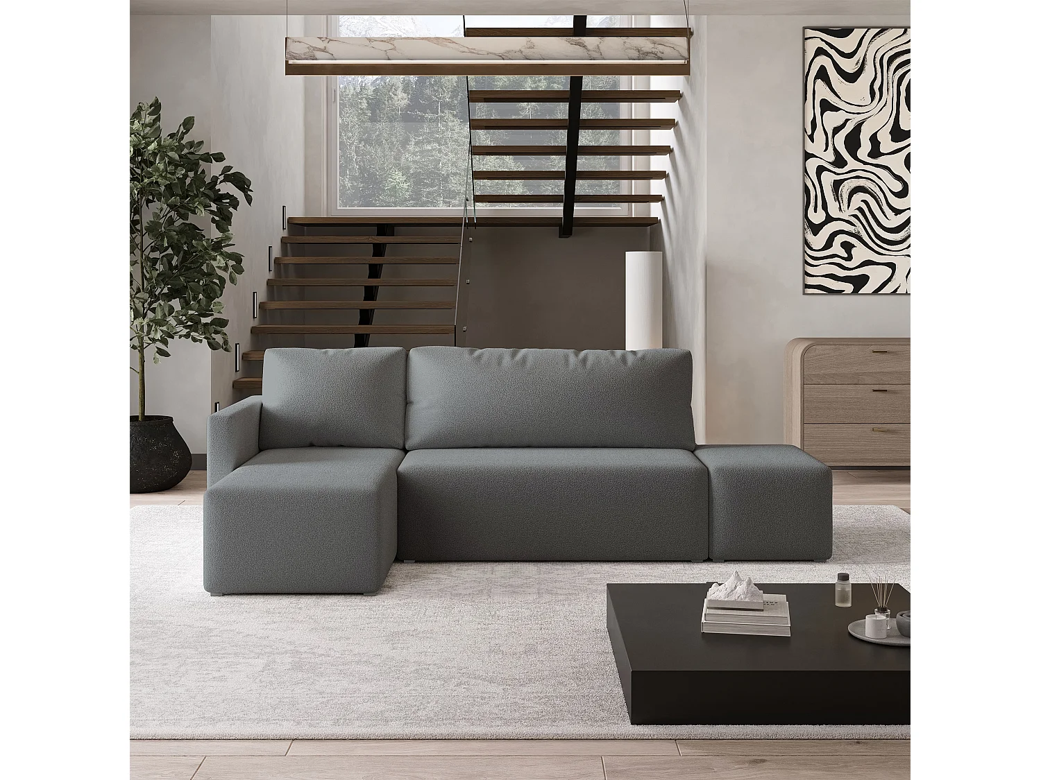 Hoekbank VELOTTI van fluweel met slaapfunctie Grau
