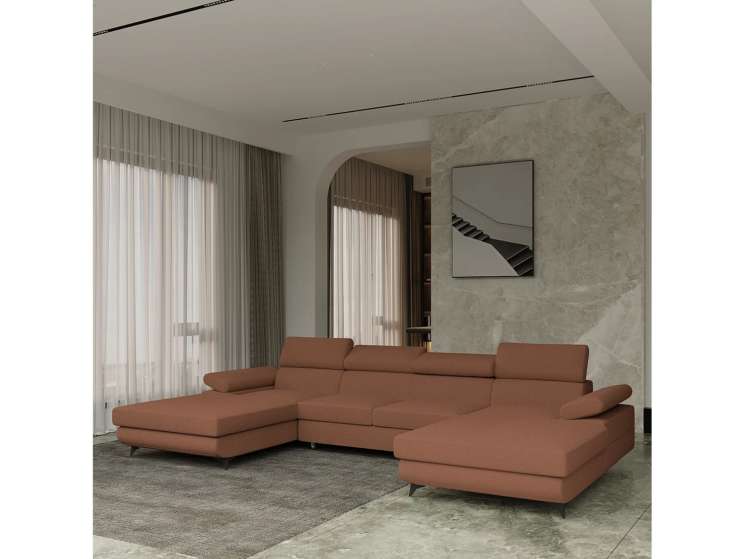 Canapé d'angle DETTI Cuivré en bouclé avec fonction de couchage