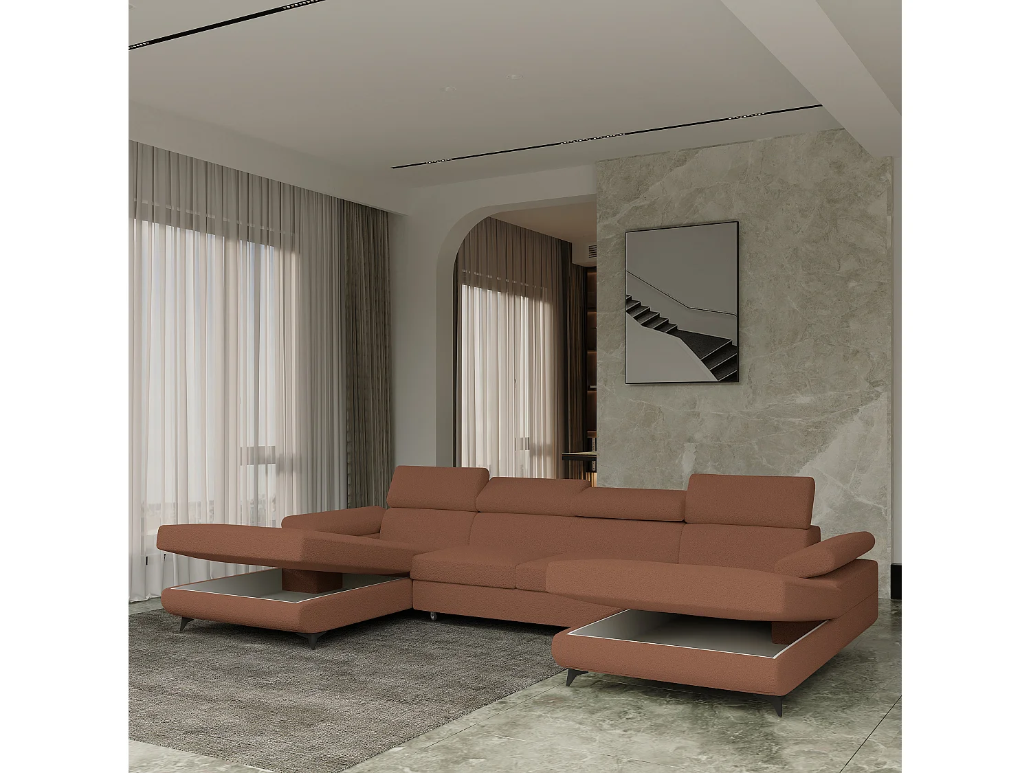 Canapé d'angle DETTI Cuivré en bouclé avec fonction de couchage