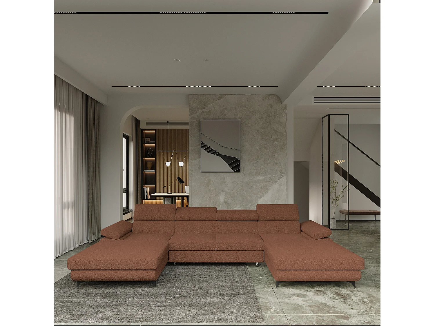 Canapé d'angle DETTI Cuivré en bouclé avec fonction de couchage