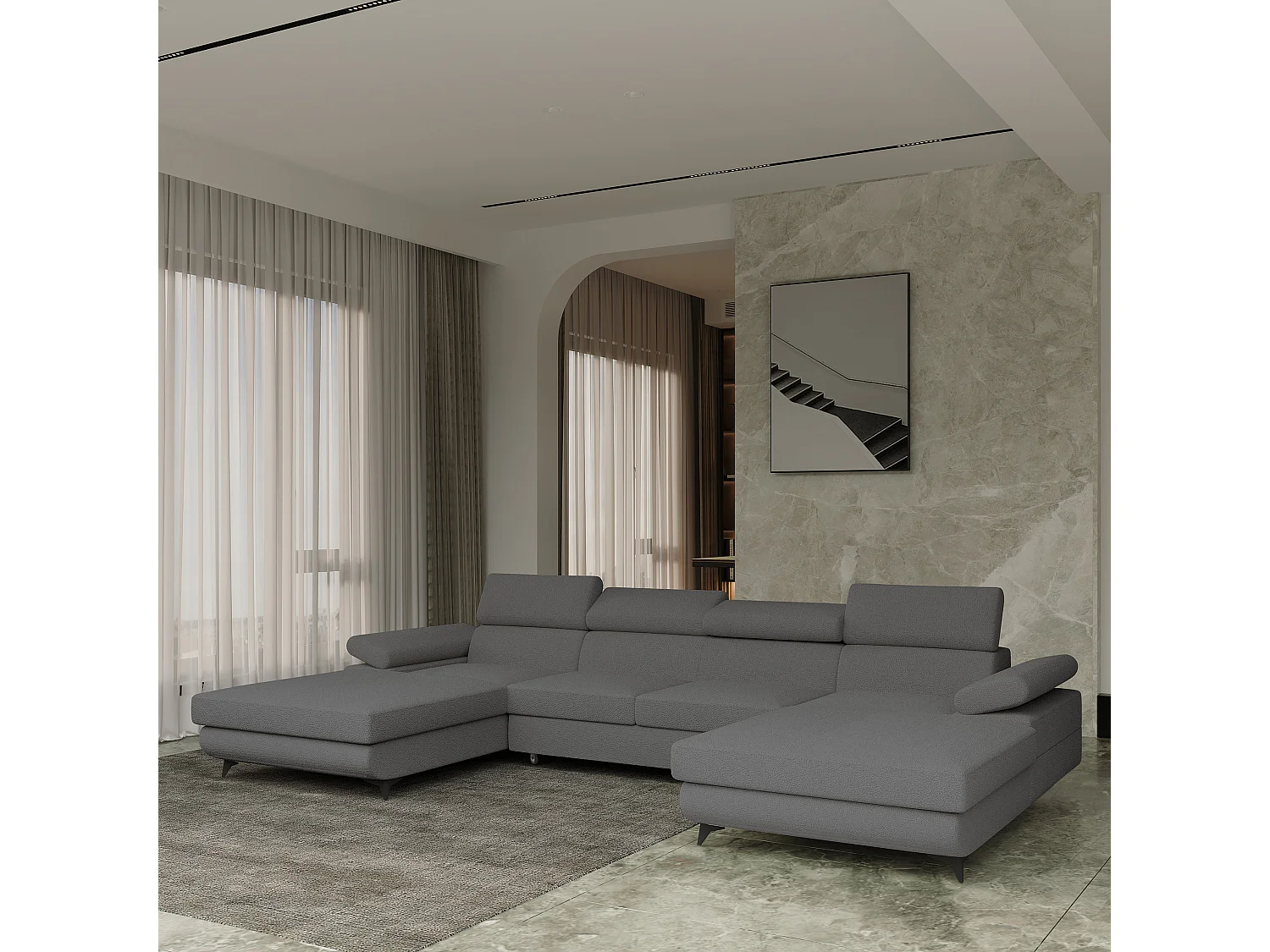 Canapé d'angle DETTI Gris en bouclé avec fonction de couchage