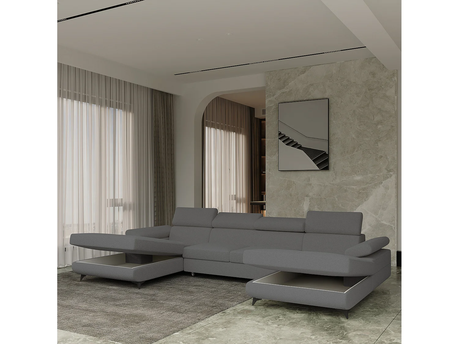 Canapé d'angle DETTI Gris en bouclé avec fonction de couchage