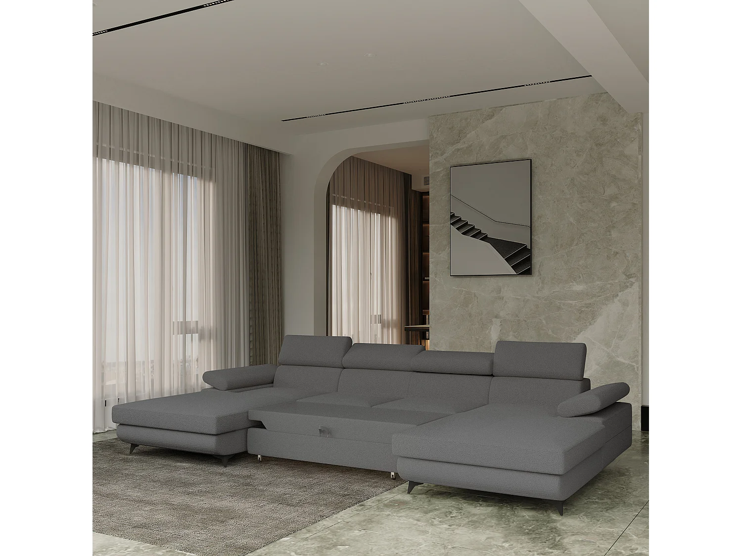 Canapé d'angle DETTI Gris en bouclé avec fonction de couchage