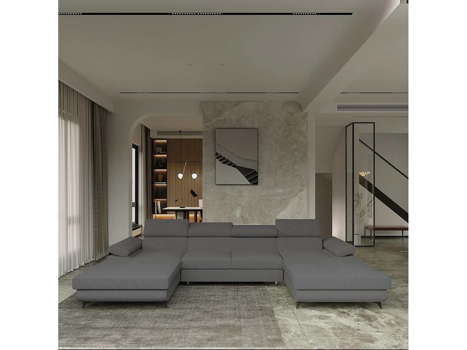 Canapé d'angle DETTI Gris en bouclé avec fonction de couchage