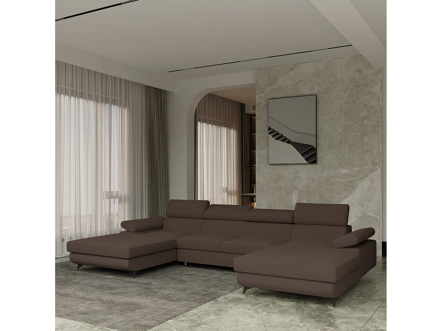 Canapé d'angle DETTI Marron en bouclé avec fonction de couchage