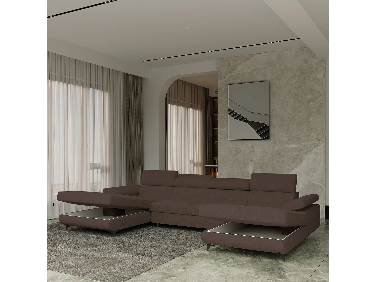 Canapé d'angle DETTI Marron en bouclé avec fonction de couchage