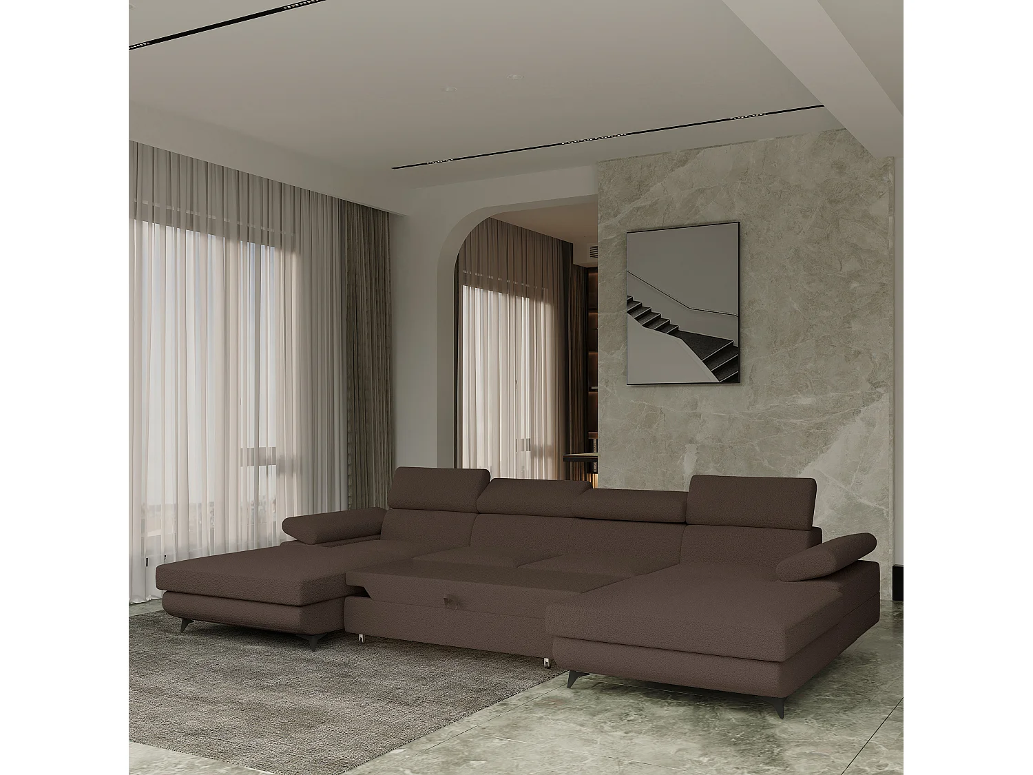 Canapé d'angle DETTI Marron en bouclé avec fonction de couchage