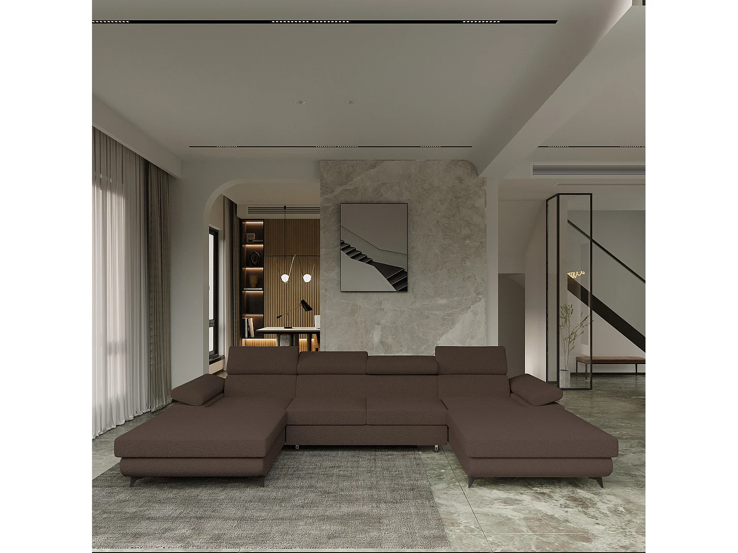 Canapé d'angle DETTI Marron en bouclé avec fonction de couchage