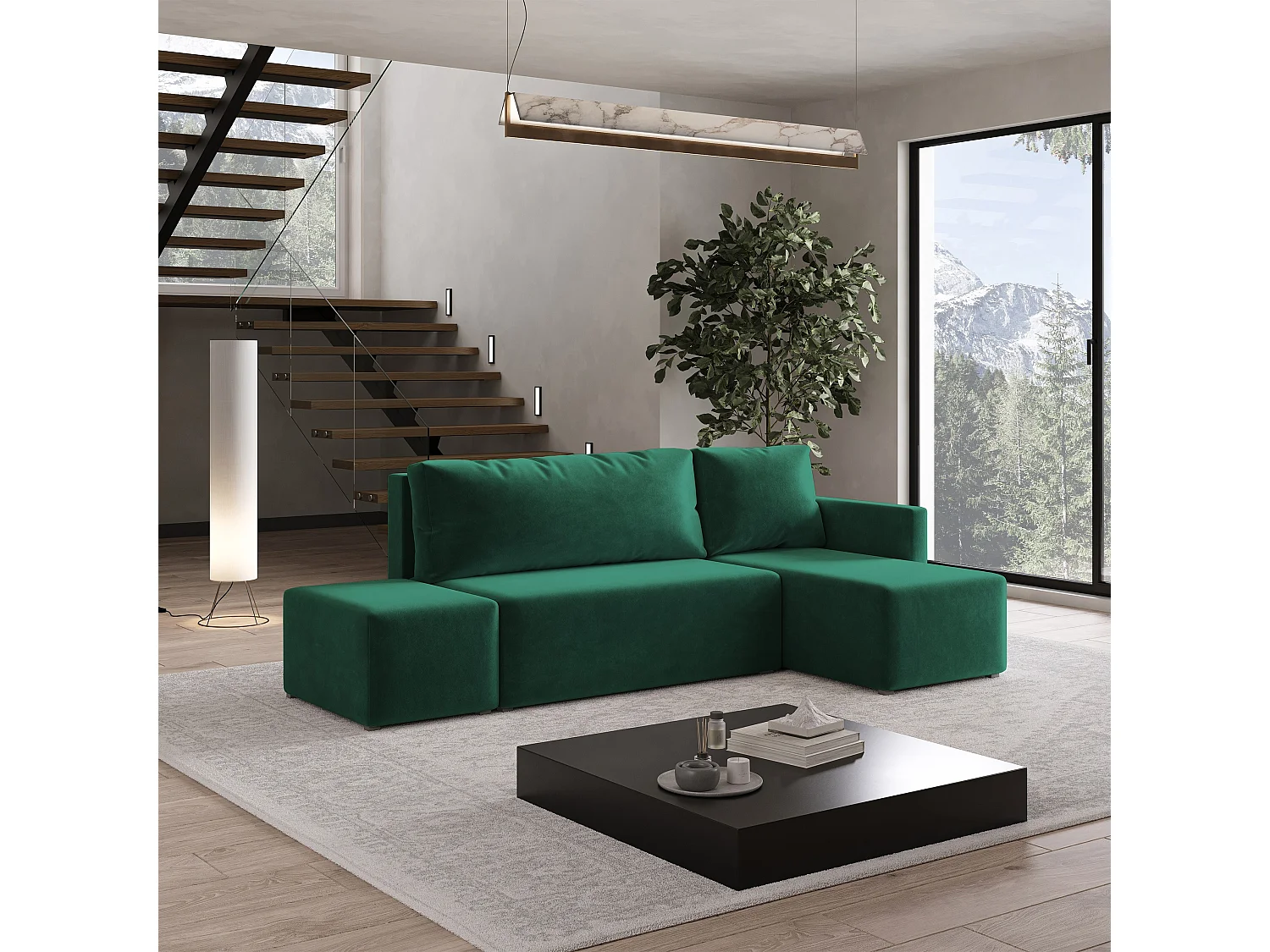 Hoekbank VELOTTI van fluweel met slaapfunctie Grün