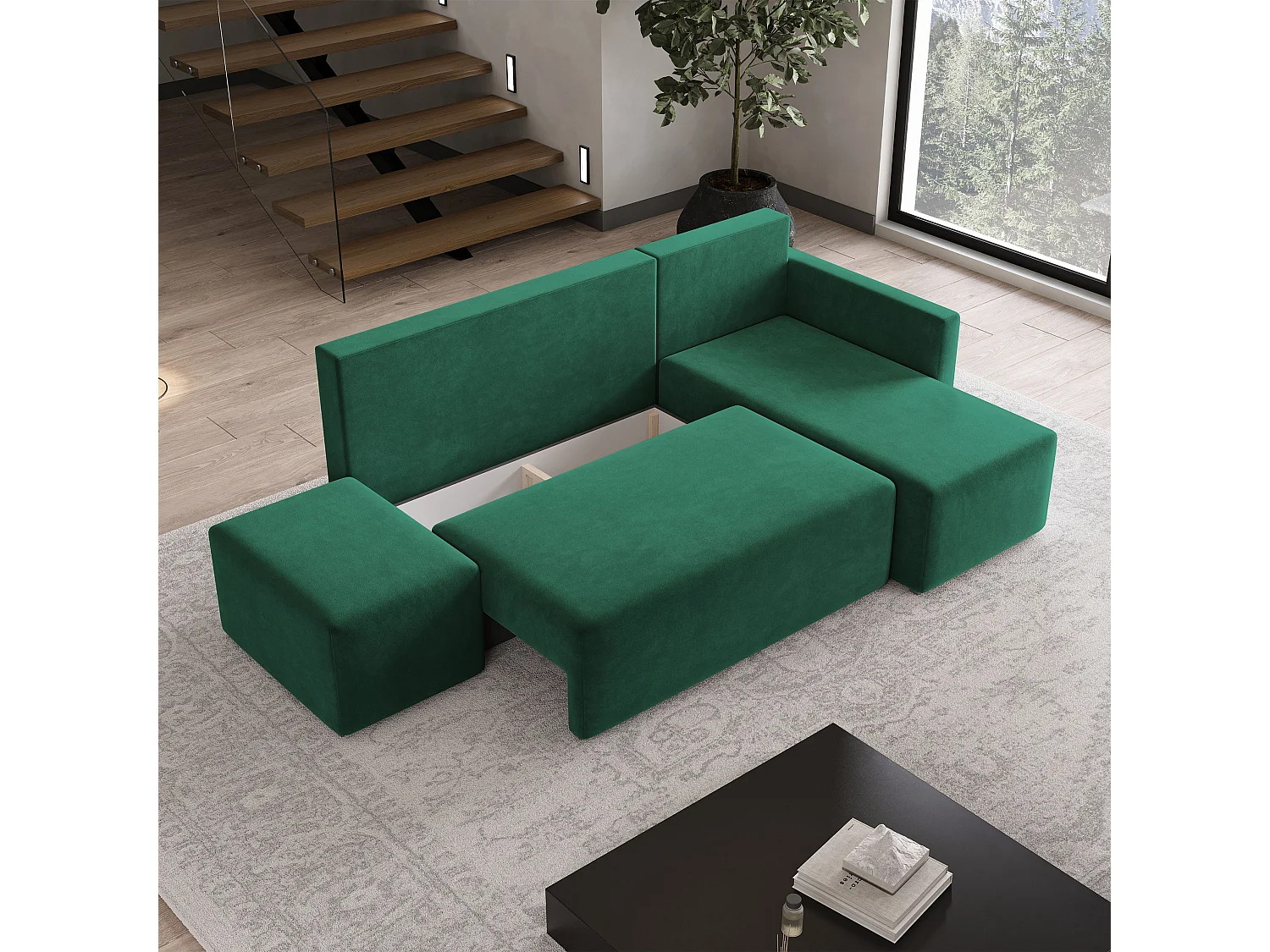 Hoekbank VELOTTI van fluweel met slaapfunctie Grün
