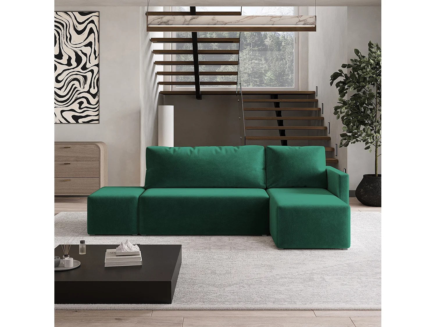 Hoekbank VELOTTI van fluweel met slaapfunctie Grün