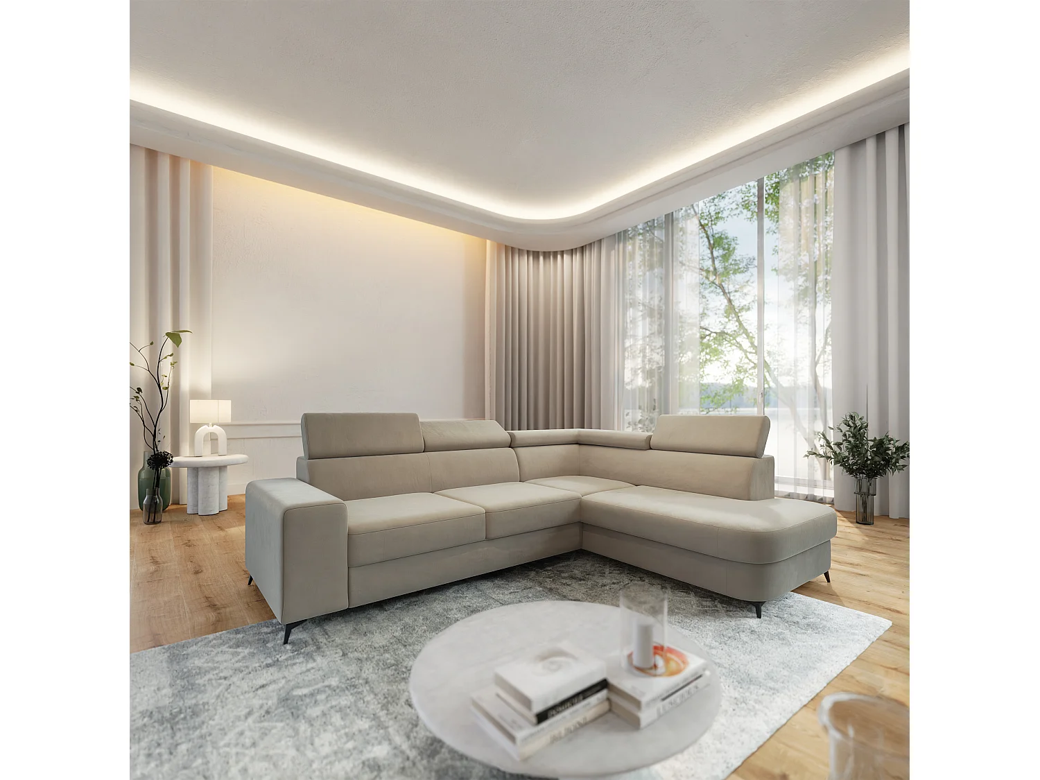 Hoekbank ALVORO van fluweel met slaapfunctie Beige