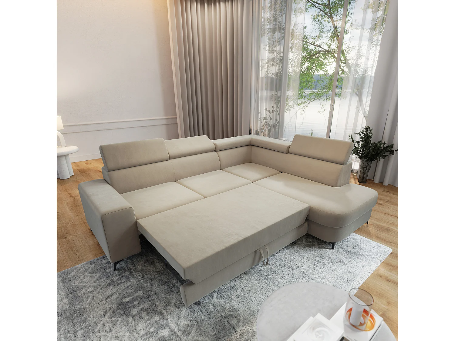 Hoekbank ALVORO van fluweel met slaapfunctie Beige