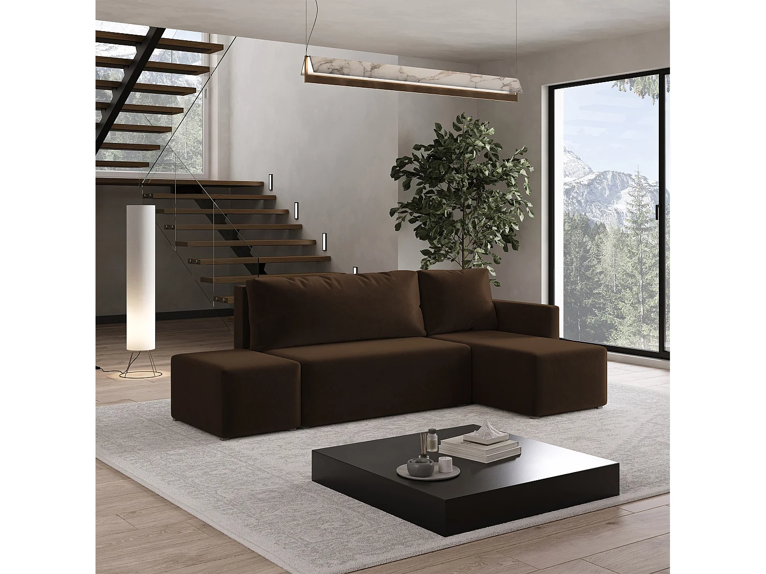 Hoekbank VELOTTI van fluweel met slaapfunctie Braun