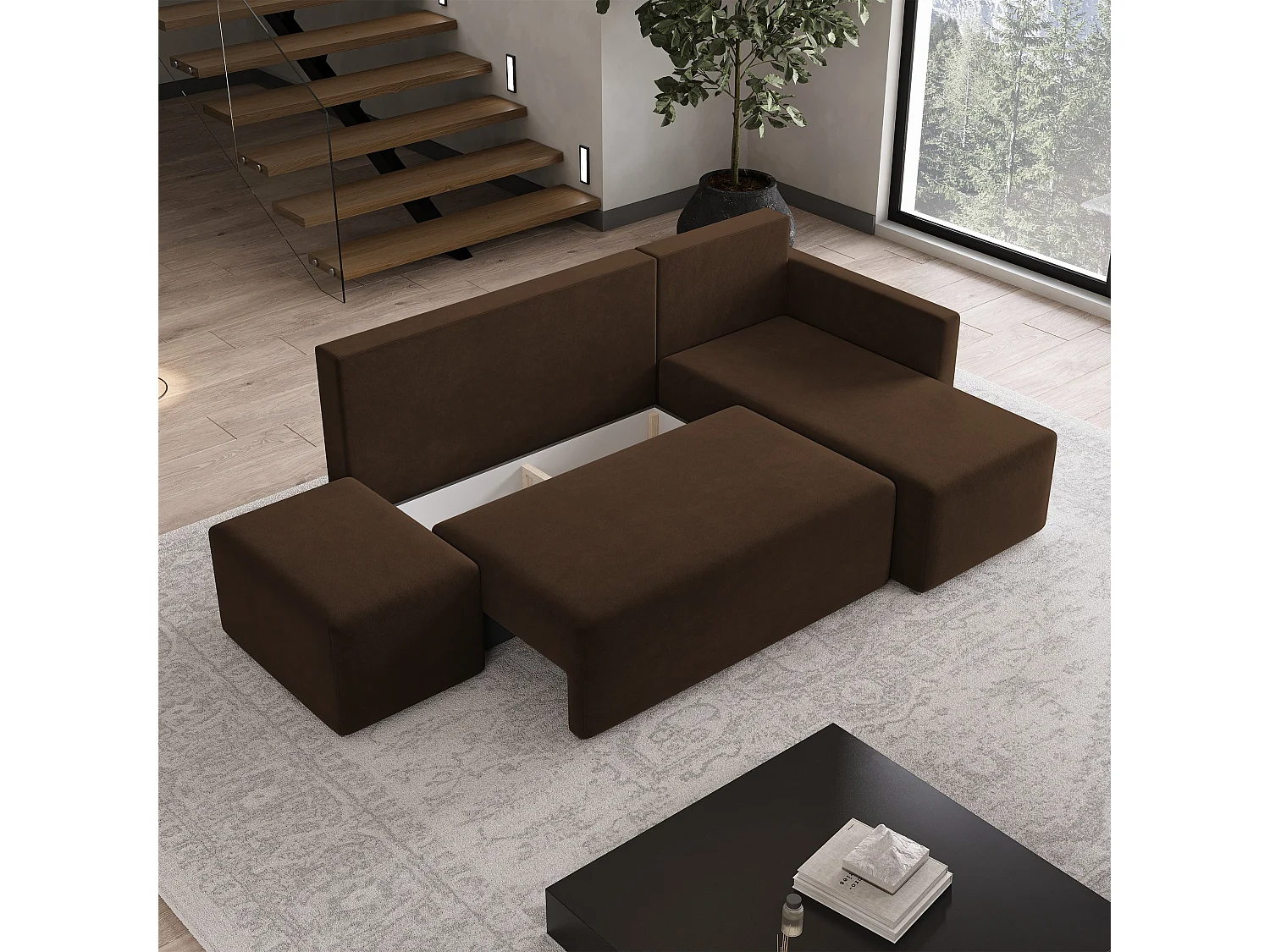 Hoekbank VELOTTI van fluweel met slaapfunctie Braun