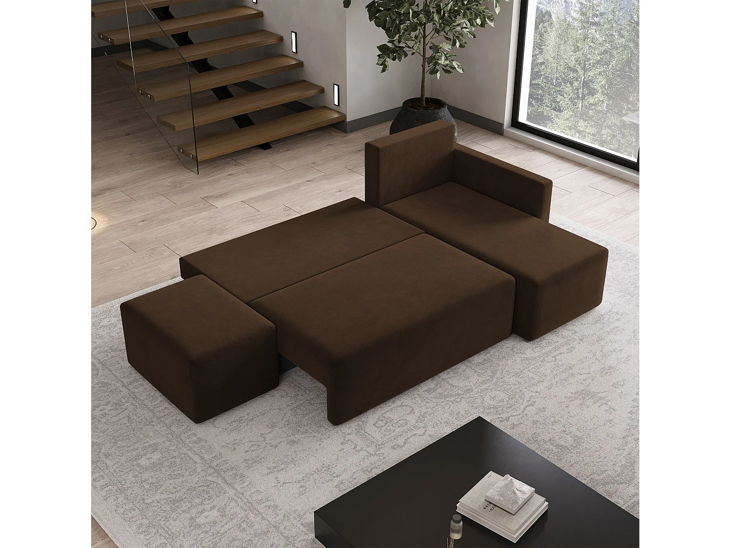 Hoekbank VELOTTI van fluweel met slaapfunctie Braun