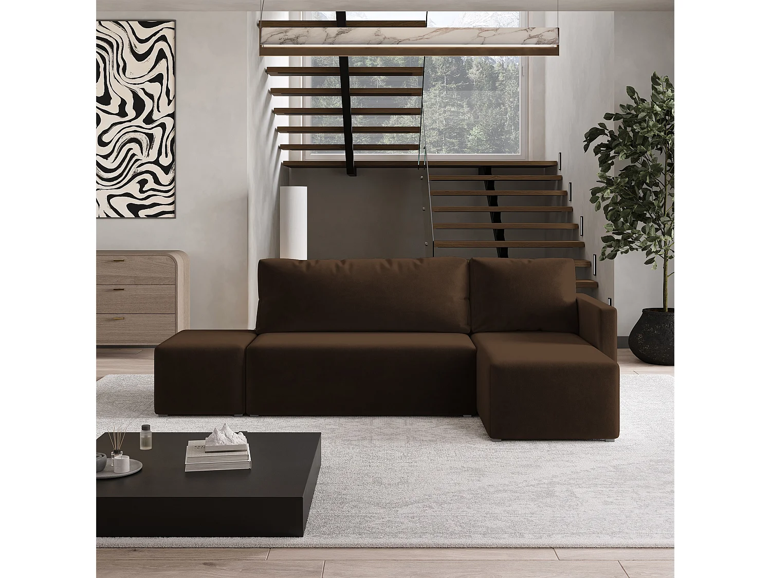 Hoekbank VELOTTI van fluweel met slaapfunctie Braun