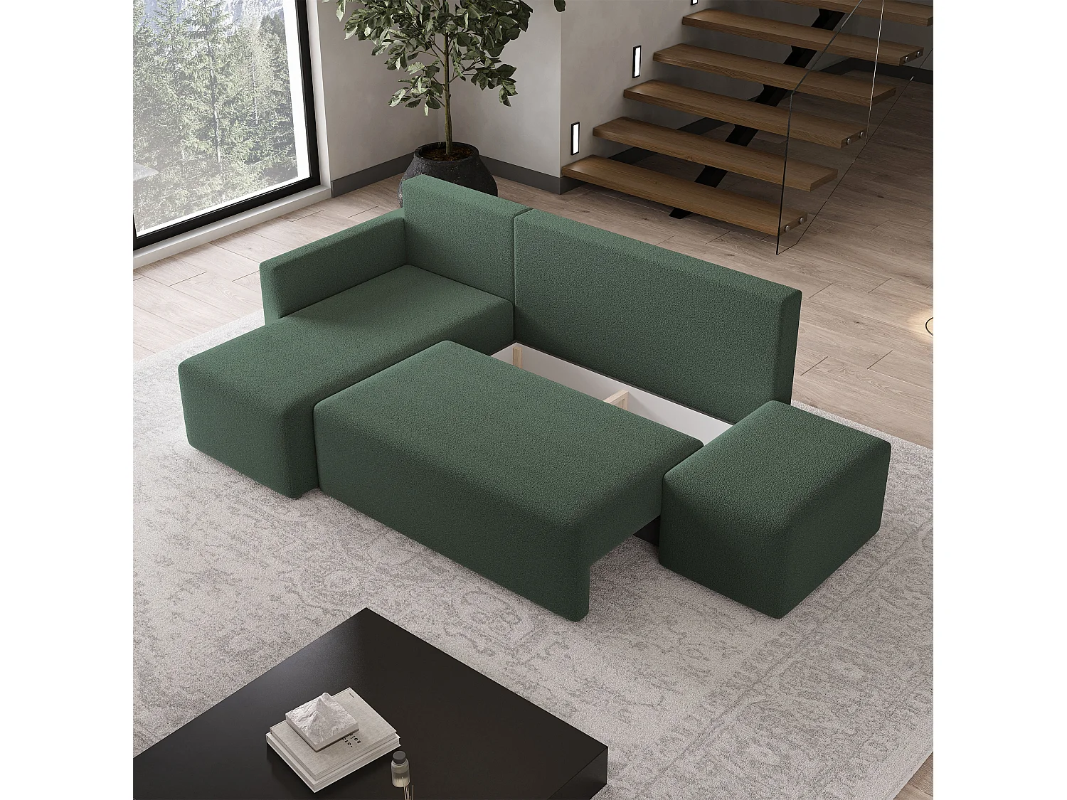 Hoekbank VELOTTI van fluweel met slaapfunctie Grün