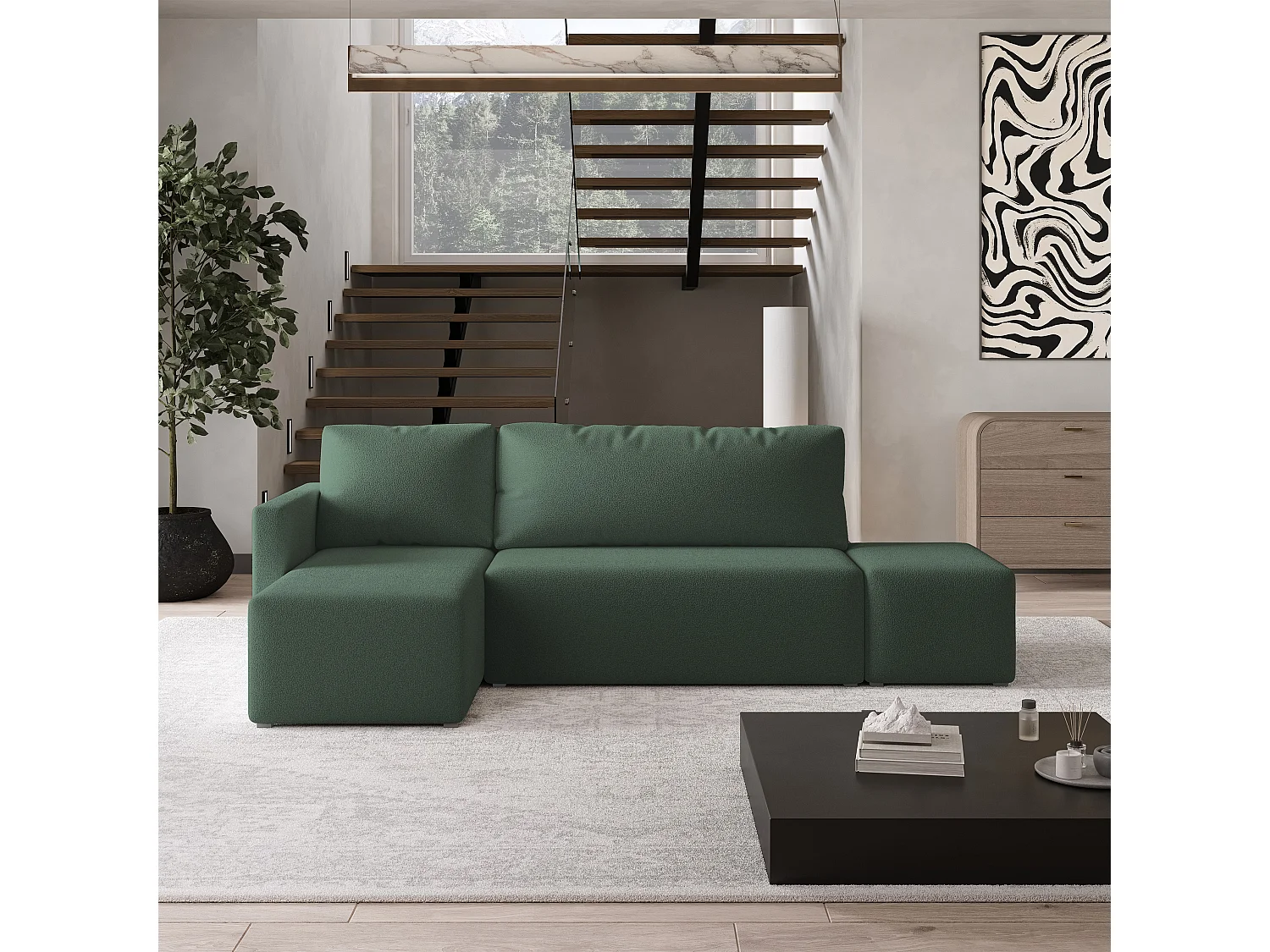Hoekbank VELOTTI van fluweel met slaapfunctie Grün