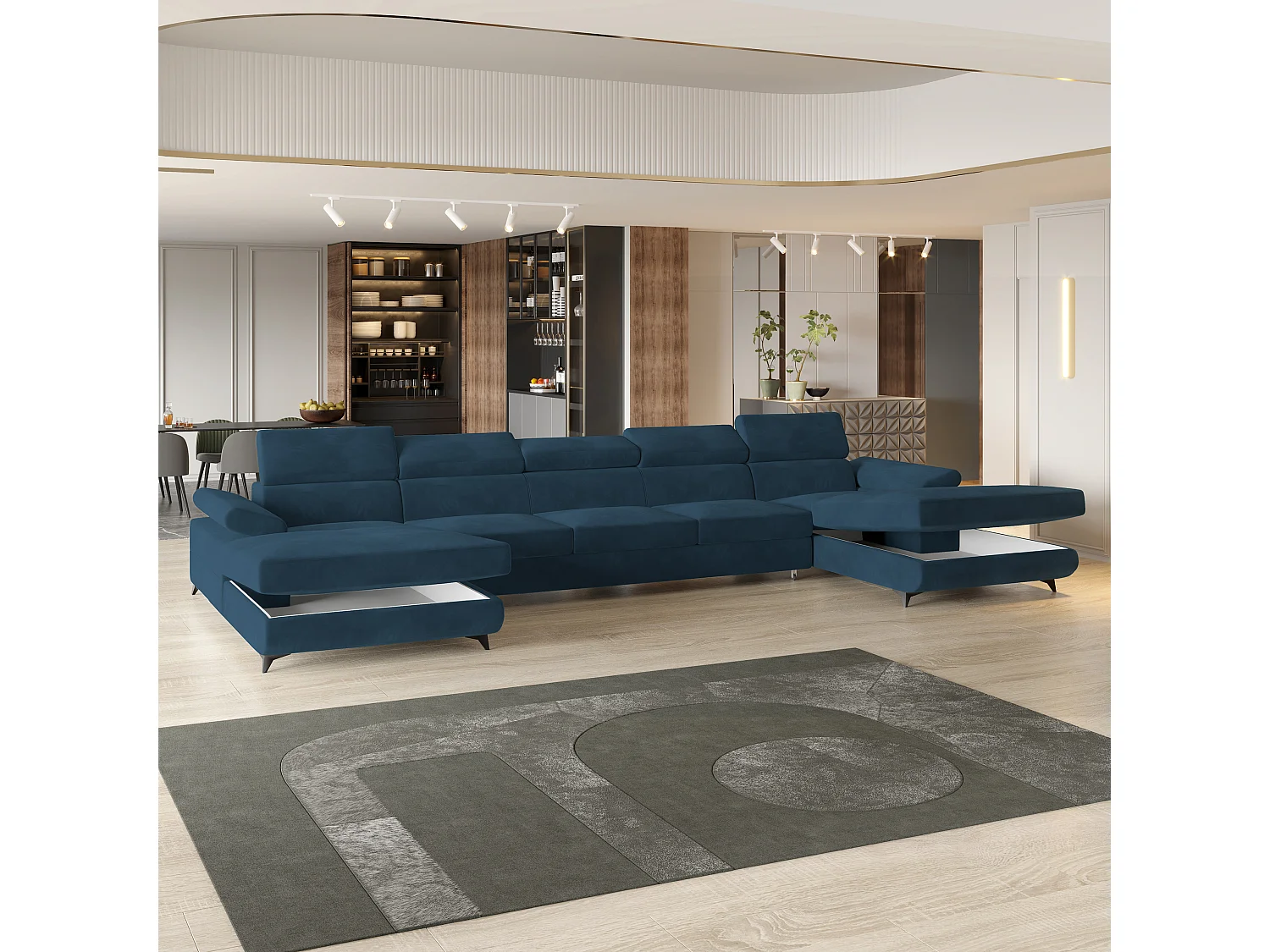 Canapé d'angle VIVENTE Bleu en velours avec fonction de couchage