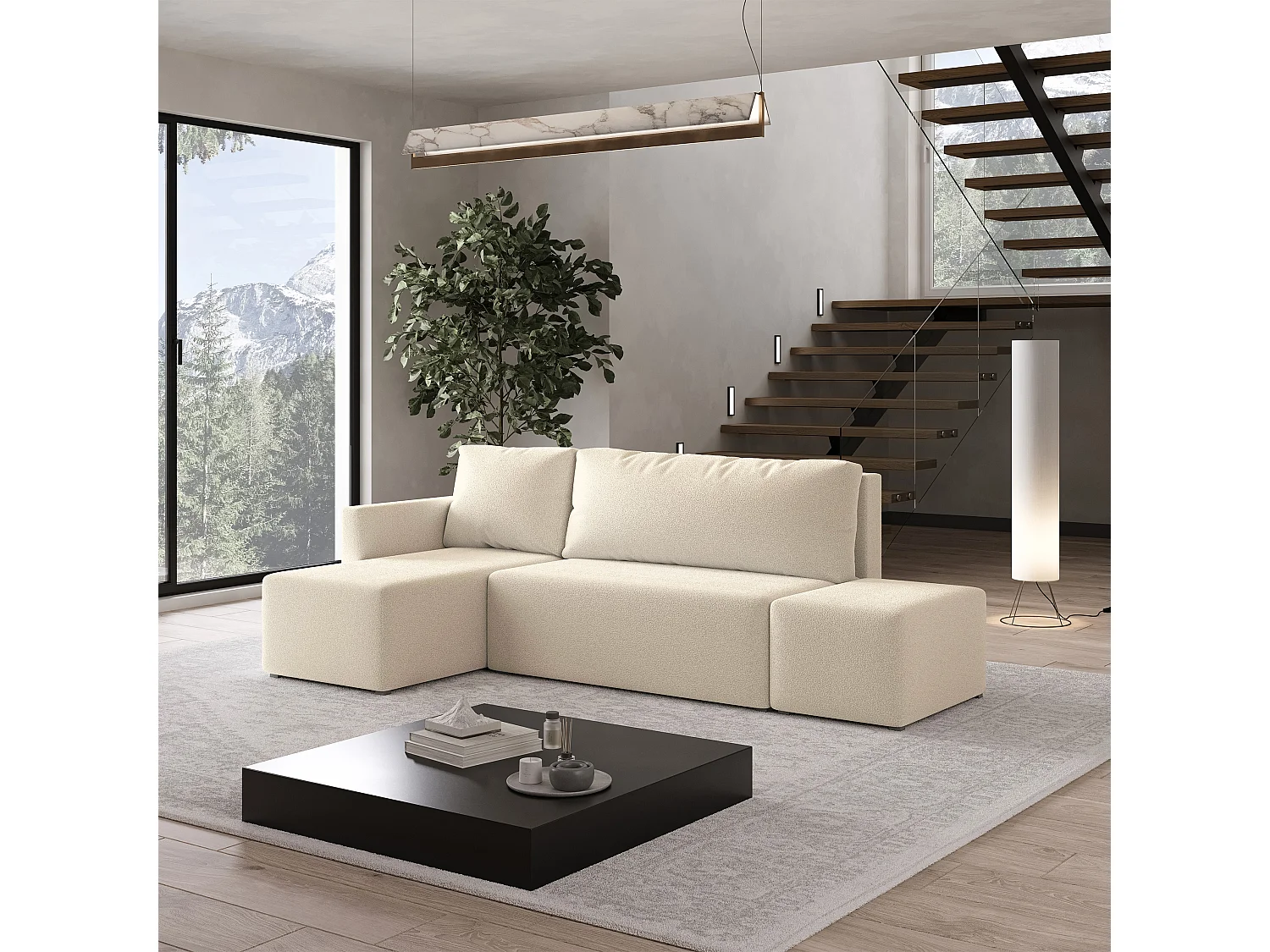 Hoekbank VELOTTI van fluweel met slaapfunctie Creme