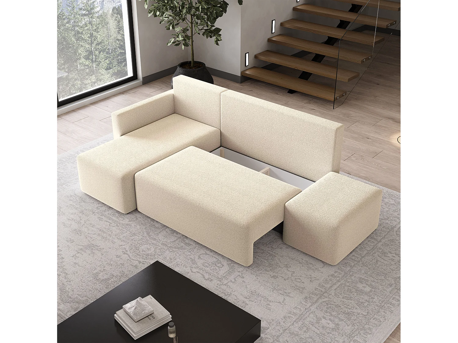 Hoekbank VELOTTI van fluweel met slaapfunctie Creme