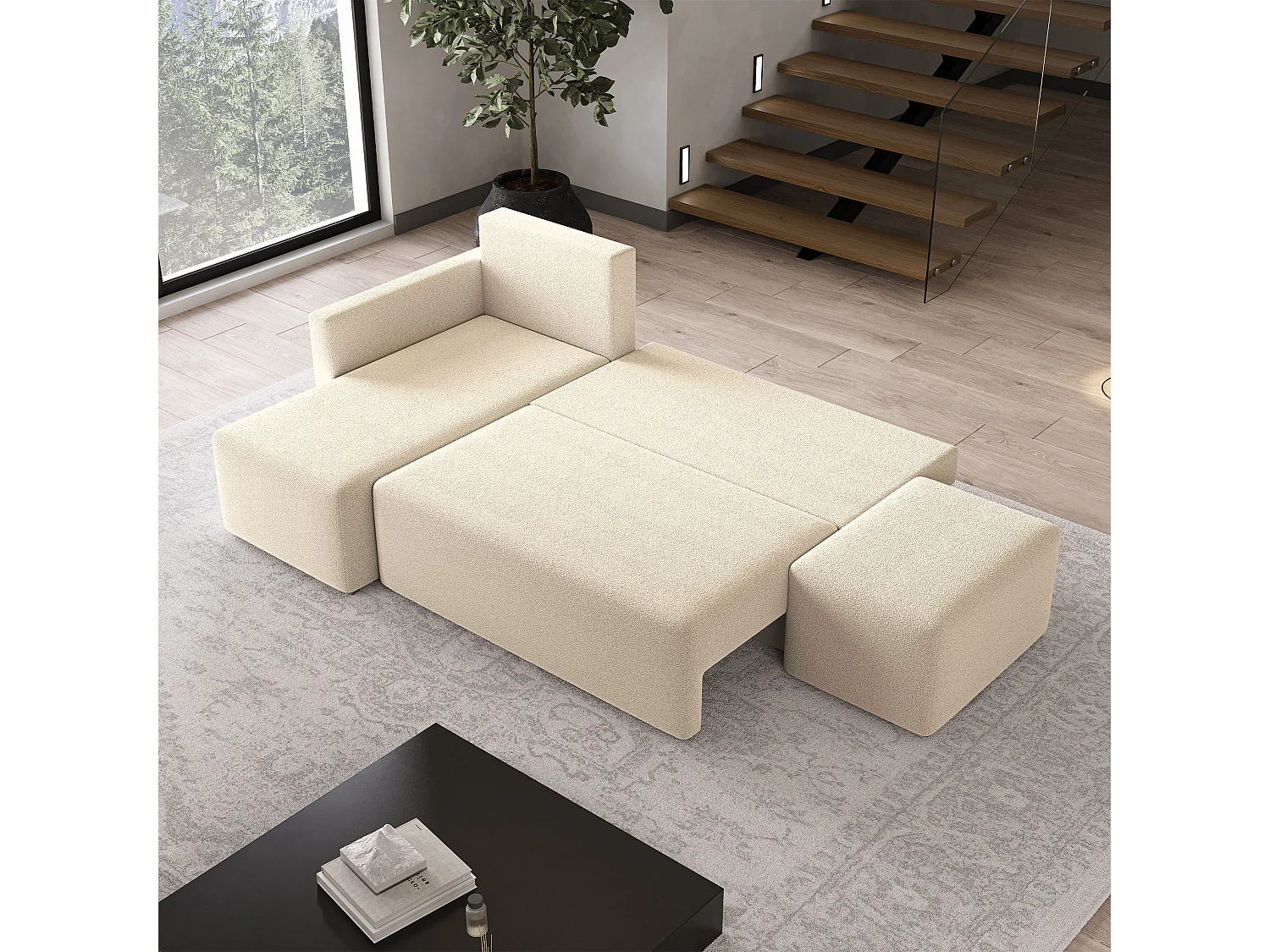 Hoekbank VELOTTI van fluweel met slaapfunctie Creme