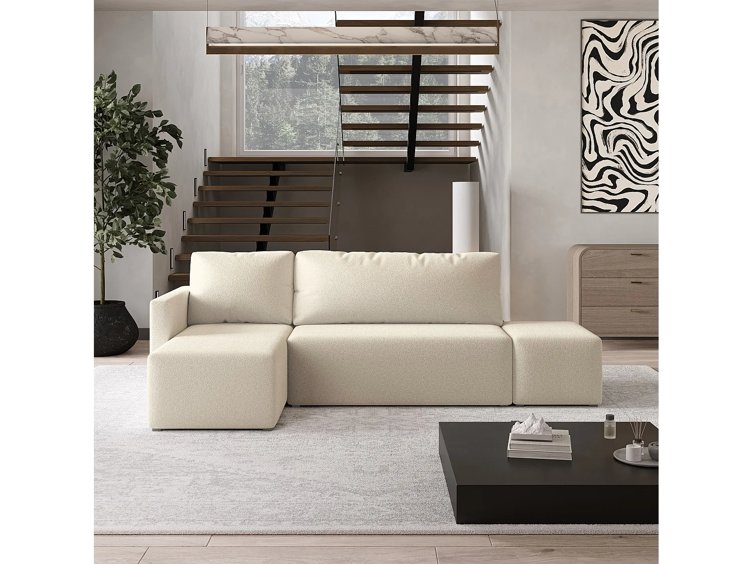 Hoekbank VELOTTI van fluweel met slaapfunctie Creme