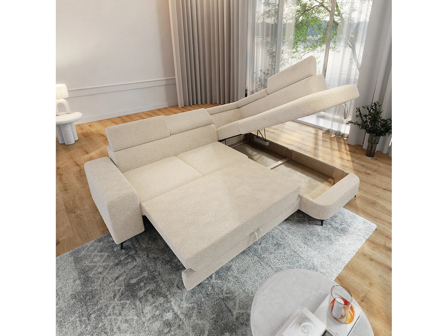 Hoekbank ALVORO van fluweel met slaapfunctie Creme