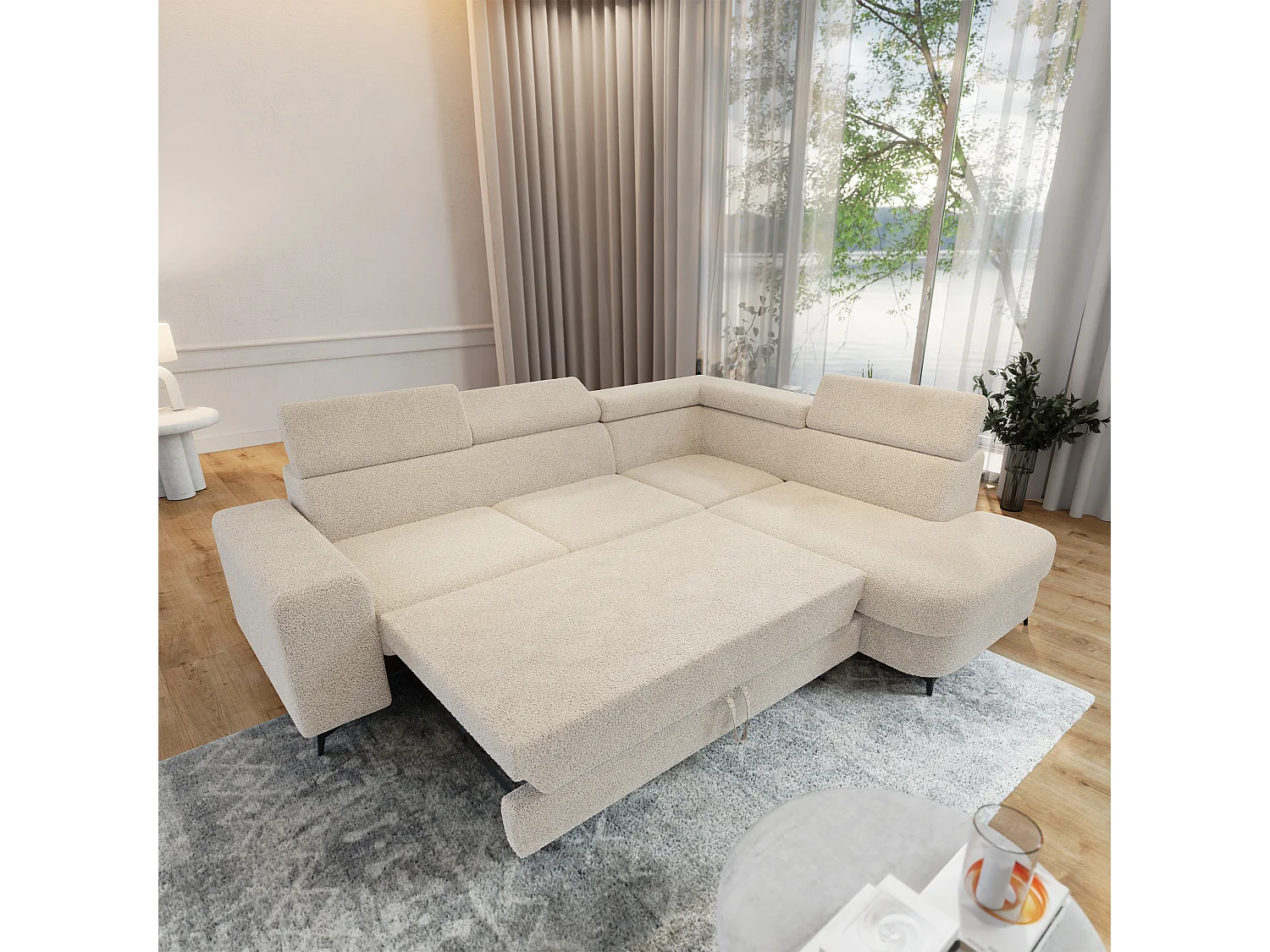 Hoekbank ALVORO van fluweel met slaapfunctie Creme