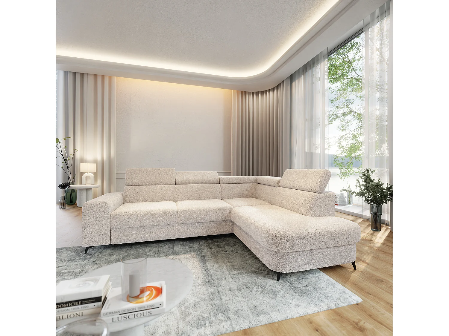 Hoekbank ALVORO van fluweel met slaapfunctie Creme