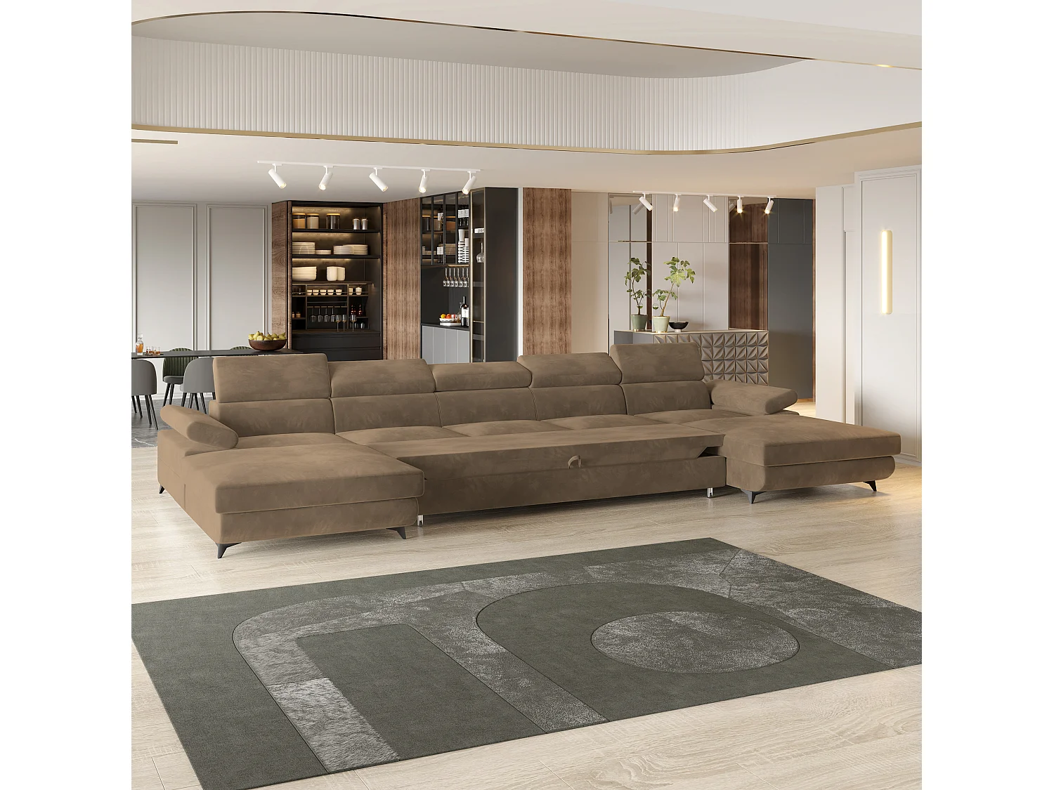 Hoekbank VIVENTE van fluweel met slaapfunctie Beige