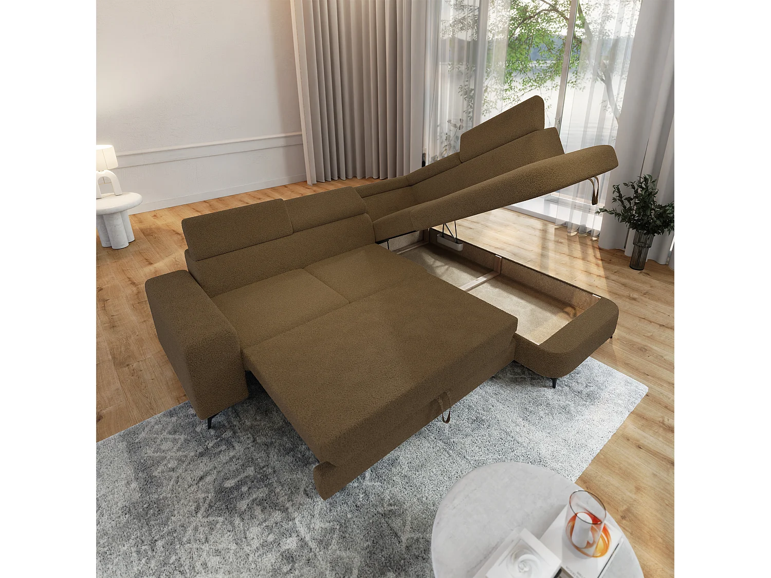 Hoekbank ALVORO van fluweel met slaapfunctie Orange