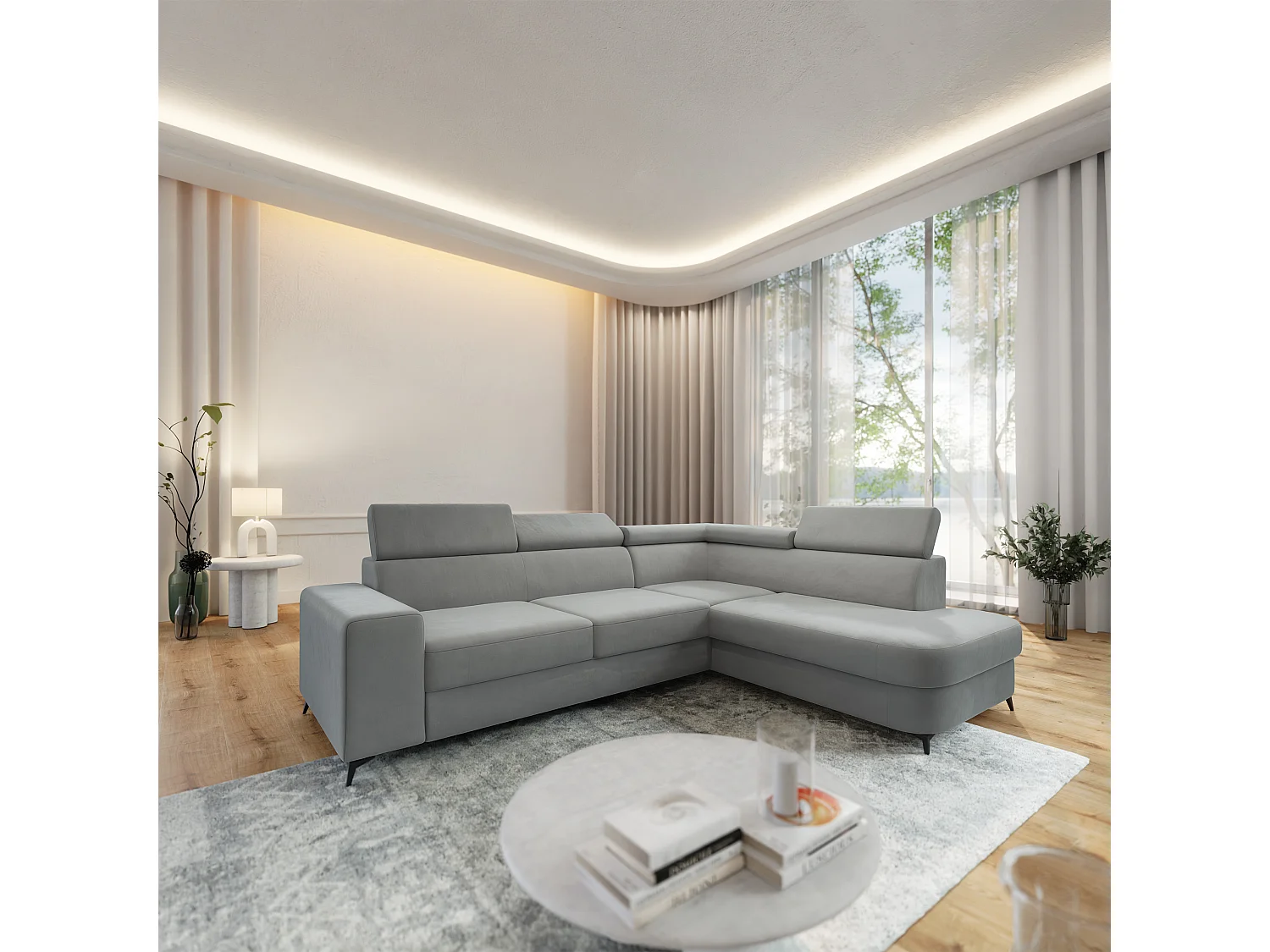 Hoekbank ALVORO van fluweel met slaapfunctie Hellgrau