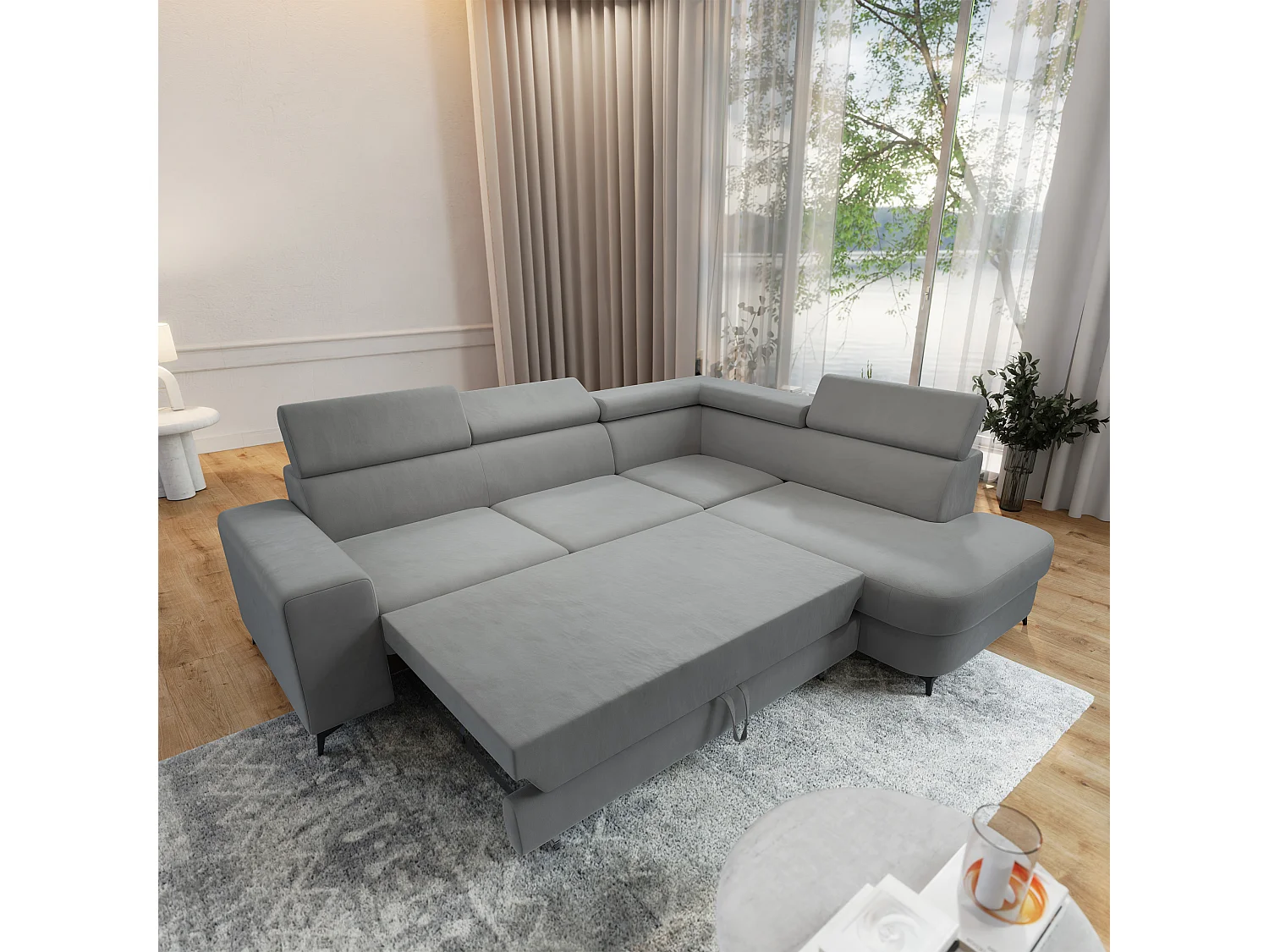 Hoekbank ALVORO van fluweel met slaapfunctie Hellgrau