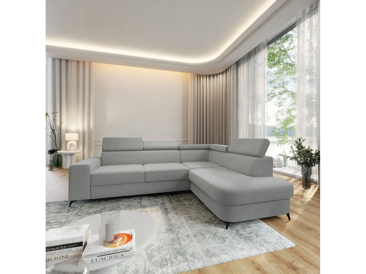 Hoekbank ALVORO van fluweel met slaapfunctie Hellgrau